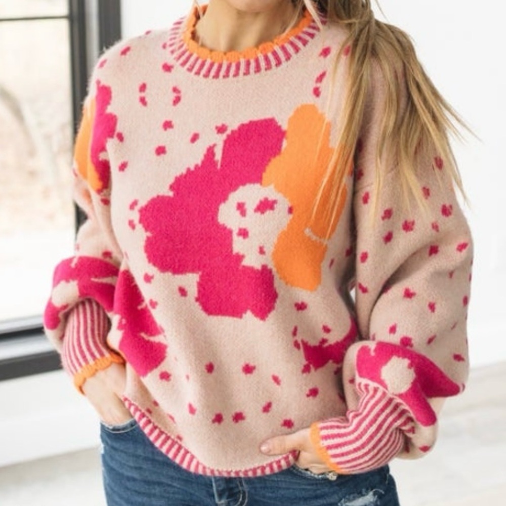 Jodifl Medium Beige Hot Pink Orange Floral Sweater - Picture 3 of 6